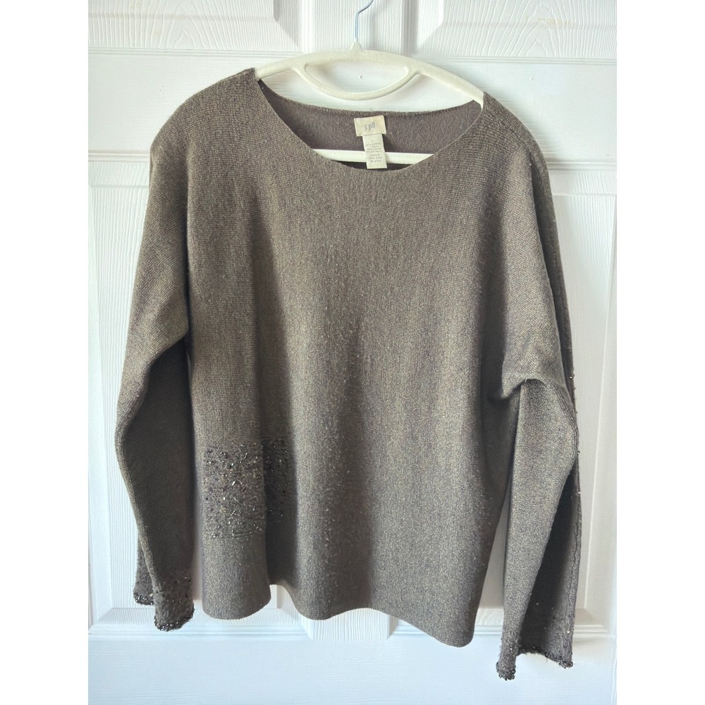 J. Jill Beaded Metallic Merino Wool Sweater Womens L Brown Vintage Y2K